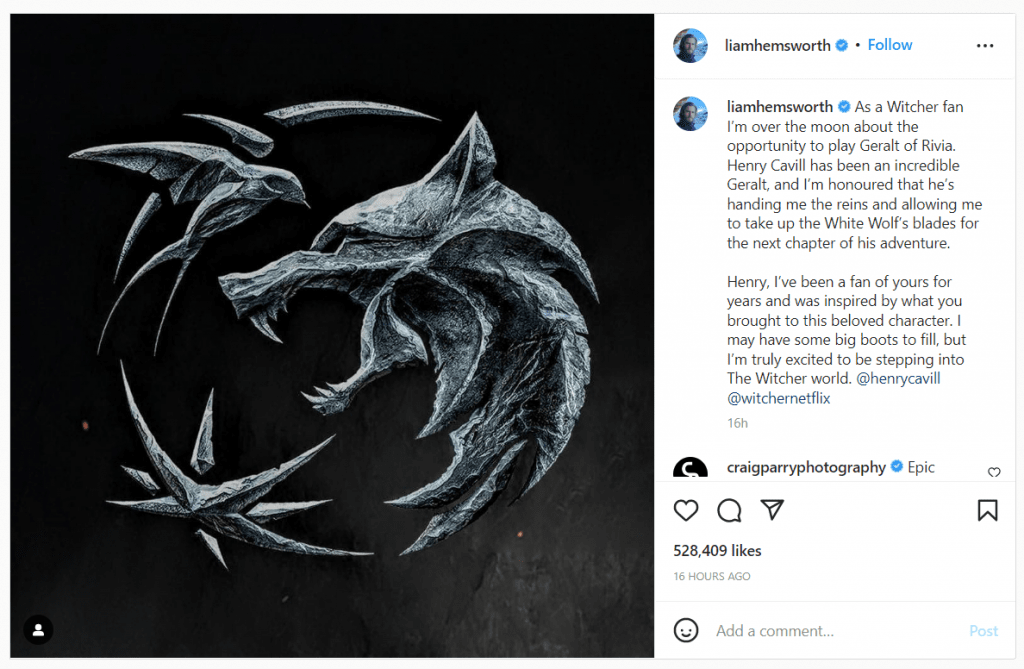 Instagram Pst Liam Instagram post of the Witcher season 4