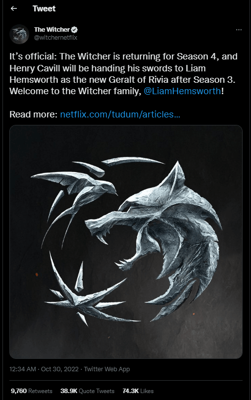 Twitter Post The Witcher official twitter account post